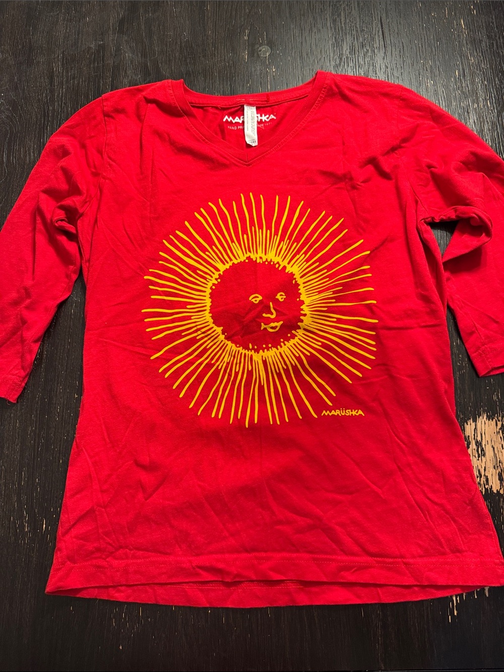 Marushka Red Long-Sleeve V-Neck Tee with Yellow Sun Graphic